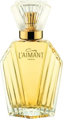 A clear, professional studio shot of a bottle of Coty L'aimant perfume against a white background.