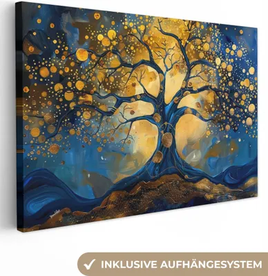 Produktbild von MuchoWow® - Leinwandbilder - Baum - Baum des Lebens - Blau - Gold, Wandbild, Wanddeko Bilder Wohnzimmer, 120x80 cm