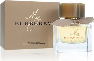 A bottle of My Burberry Eau de Parfum and its packaging are displayed against a white background.