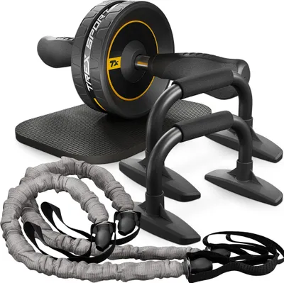 Produktbild von TREX SPORT Bauchroller Set 4in1 TX-010WSA | AB Roller Bauchtrainer für Zuhause, Liegestützgriffe Push-Up Griffe, Expander 7–10 kg, mit Kniematte, gelb