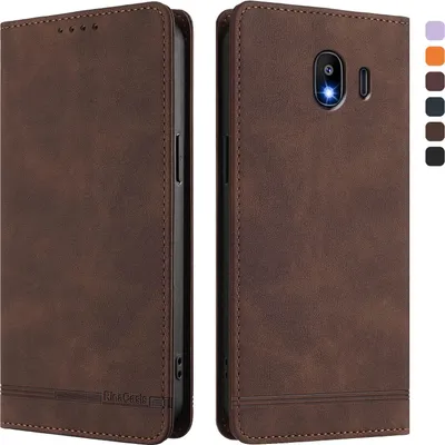 Image de Etui pour Samsung Galaxy J4 2018, étui rétro en cuirPolyuréthaneavec support et fentes pour cartes de crédit Marron