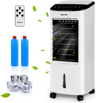 A white air cooler with accessories like a remote control, ice packs, and ice cubes, set against a white background with green leaf graphics.