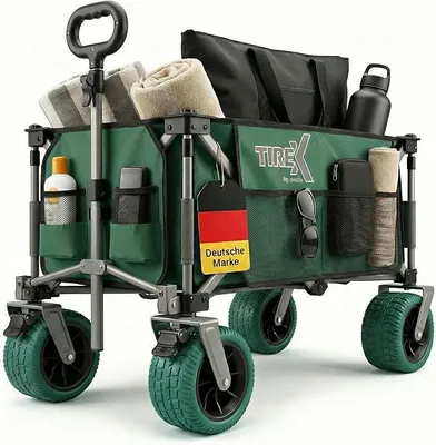 Produktbild von TIREX by Bollerwagen Faltbar PolyurethanXL Rädern aus Vollgummi – Strand & Garten Faltbarer verstellbarem Griff & Fußbremse – Robuster Transportwagen für Kinder & Camping (PU XL Räder, Grün)