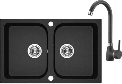 Produktbild von BADLAND BADLAND Spülbecken SET Spültischarmatur und Granitspüle Doppelbecken CELIA 48x76 Schwarz | Siphon im SET!