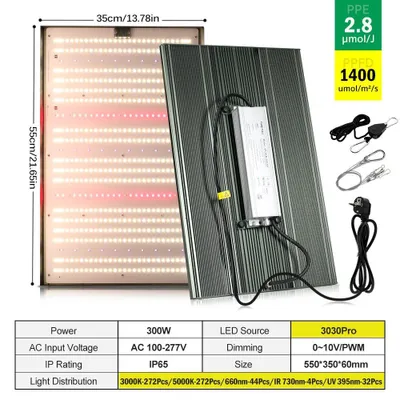 Produktbild von LED Pflanzenlampe - 300W SMD303ORrO - Dimmbar mit Drehknopf - 85–265V AC - Aluminiumgehäuse - EU‑Stecker - Blaues Licht
