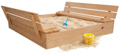 Produktbild von MG Design Sandkasten aus Holz 120 x 120 cm - mit klappbaren Bänken und Abdeckung, Garten Sandkiste für Kinder