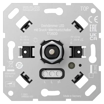 Obrázek produktu pro LED otočný stmívač, s přepínacím tlačítkovým spínačem, 1-pólový, s fázovým odpojením, 230 V, 1 ks.