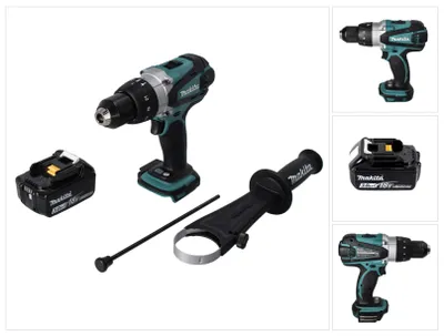 A collection of power tool components, including a drill, battery, and handle, arranged on a white background.