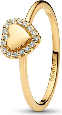 A close-up studio shot of a gold Pandora ring with a heart-shaped halo design.