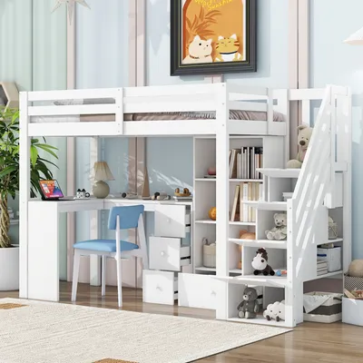 Obrázek produktu pro MODFU Patrová postel, Dětská postel Multifunkční postel, 90x200 cm, Zábradlí, Stůl, Zásuvky, Otevřená úložná skříň, Skládací žebřík, Více polic, Certifikováno EN 747, Bílá, Bez matrace