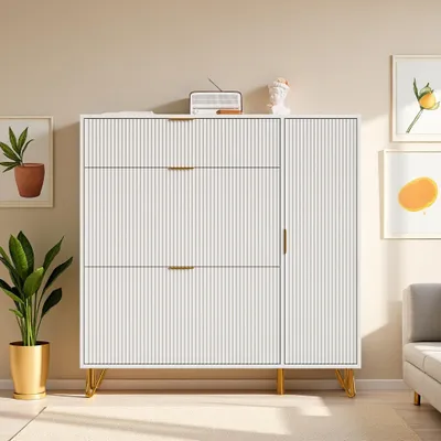 Obrázok produktu pre Skriňa na topánky INONEFT, úzka, s 2 výklopnými dvierkami, zásuvkou a dvierkami, topánkovač s nastaviteľnými priehradkami, 110 × 118,5 × 24 cm, biela