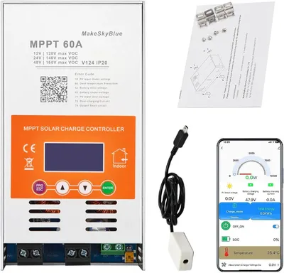 Image de Régulateur de charge solaire 60A MPPT avec Wi-Fi, écran LCD et contrôle via application, compatible avec les batteries 12V, 24V et 48V