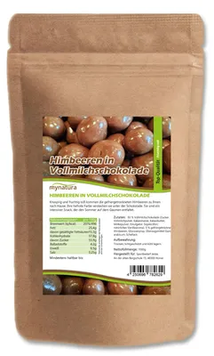 Produktbild von Mynatura gefriergetrocknete Himbeeren in Vollmilchschokolade – ab 1kg