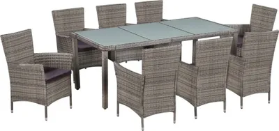 Produktbild von 9-tlg. Garten-Essgruppe mit Auflagen Poly Rattan Grau