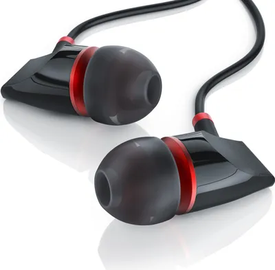 A pair of black and red in-ear headphones are shown against a white background.