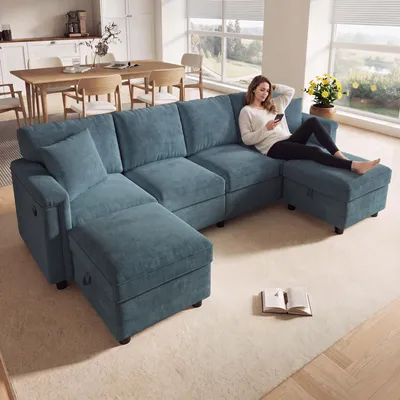 Imagen del producto de Sofá modular de chenilla, 261x134x82 cm, convertible en forma de L o en forma de U, con 2 otomanas con espacio de almacenamiento, puertos USB y Type-C, ideal para el salón