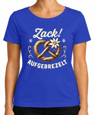 Produktbild von Zack Aufgebrezelt Brezel Tracht Edelweiß Wiesn Lustig Damen T-Shirt, Blau, 3XL