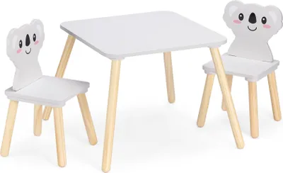 Produktbild von Navaris Kindersitzgruppe 3tlg. aus Holz - 1 Kindertisch 2 Stühle - Tisch Kinderstuhl Set - für Kinder ab 3 Jahren - Sitzgruppe Koala Design weiß