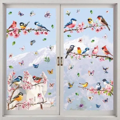 Produktbild von Selbstklebende Fensterdekoration Frühling Blumen Vögel