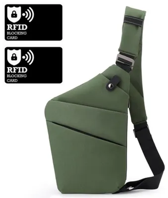 Produktbild von Brusttasche - inklusive 2 RFID/NFC-Blockierkarten - 32x20x2cm - Militärgrün Schultertasche (rechts) - Damen und Herren - für Reisen und Radfahren