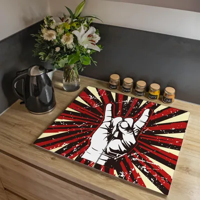 Zdjęcie produktu dla Dwuczęściowa płyta pokrywająca kuchenkę Banjado, każda o wymiarach 30 x 52 cm, z gumowymi podkładkami dystansowymi, szkło bezpieczne ESG z motywem „Rock On” [HAP2 10979]