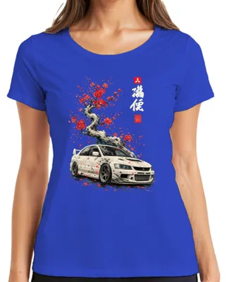 Zdjęcie produktu dla Koszulka damska "NO LAGY JDM Evolution Kirschblüte Sakura Japan Auto Y2K Drift", niebieska, rozmiar S