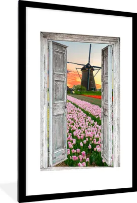 Produktbild von MuchoWow® Gerahmtes Poster Aussicht - Tulpen - Mühle - Abend 60x90 cm - Poster mit Schwarzem Bilderrahmen Wandposter Rahmen Foto Bilder - Dekoration - Wandposter Wohnzimmer - Hochwertig