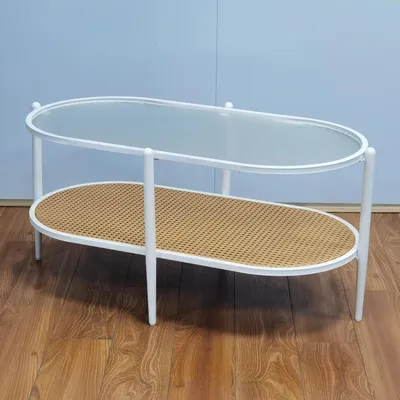 Produktbild von Couchtisch - Runder Wohnzimmertisch - 2-stöckige Ablage - Metallgestell - Wellenförmige Glasplatte - Landhaus/Antik - Weiß