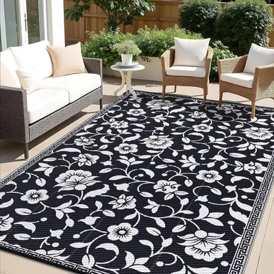 Immagine prodotto di Tappeto da esterno, motivo floreale, resistente alle intemperie, 180x270 cm, rettangolare, bianco e nero