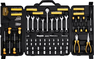 A black toolbox filled with various tools, including wrenches, screwdrivers, and sockets.