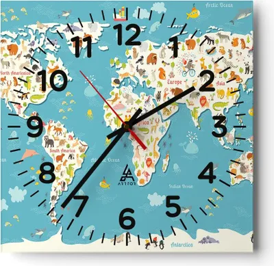Produktbild von Wanduhr - Quadrat - Glasuhr - Geographie Globus Grafik Illustration - 30x30cm - Schleichendes Uhrwerk - Lautlos - zum Aufhängen bereit - Dekoration Modern - Wanddekoration aus Glas - C4AC30x30-3106