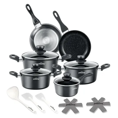 Produktbild von 15-Tlg Topfset Pfannenset Kochtopfset Topfset Induktion, Aluminium Antihaft-beschichtete Töpfe & pfannen,Cookware-Schwarz(HLCW15BK)