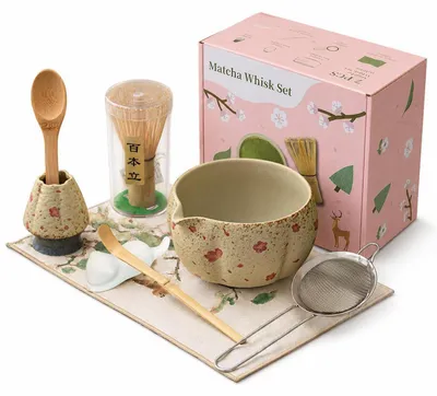 Produktbild von Matcha Set 8-teilig mit Bambus Besen, Keramik Schale, Sieb & Tuch, Kirschblüten Motiv