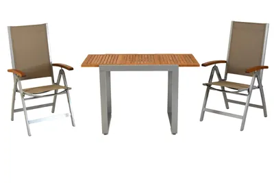 Produktbild von Merxx Gartenmöbelset Naxos 3tlg., 2 Klappsessel, 1 Ausziehtisch 80 (120) x 70 cm - Aluminium/Textil/Akazie