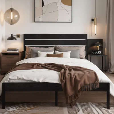Productafbeelding van VECELO bedframe, 140 x 200 cm, metalen bed met dik houten hoofdeinde en lattenbodem