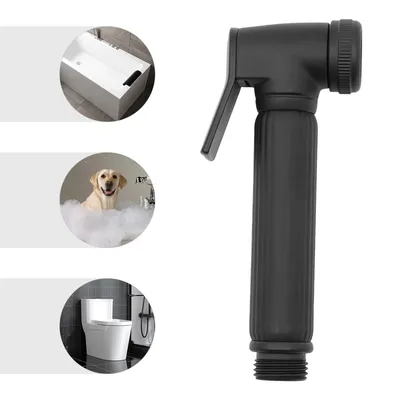 A collage of images showing a bidet sprayer and its potential uses, including a bathtub, a dog in a bubble bath, and a toilet.