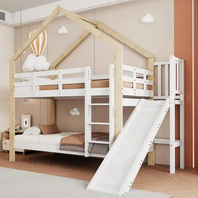Produktbild von STILVORA Etagenbett 90×200 cm,ohne matratze,Kinderbett mit dreistufiger Winkelaufstiegsleiter, Jugendbett Bettgestell mit Absturzsicherung und Rutsche, aus Massivholz, Weiß/Natur