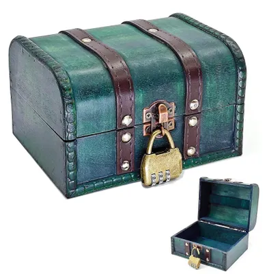 Obrázok produktu pre Vintage drevená truhlica s zámkom, 16 x 12 x 9,5 cm, pirátska truhlica s pokladom