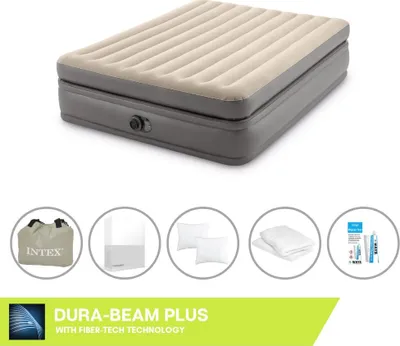 Produktbild von Intex Luftbett - 2 Personen - 152 x 203 x 51 cm - Grau - Mit eingebauter Pumpe + Spannbettlaken Weiß + Kopfkissen + Molton 2 in 1 Kissenbezüge + Reperaturset