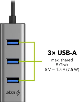 Immagine prodotto di Hub USB AlzaPower in metallo da USB-C (M) a 3× USB-A 3.0 (F) con porta RJ45 grigio