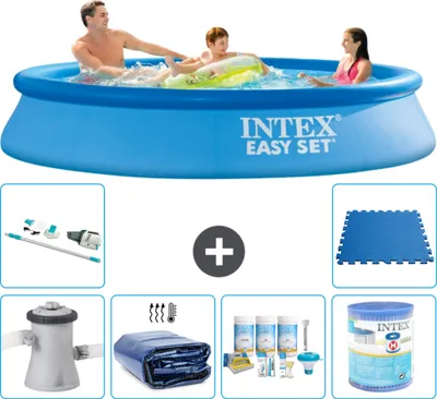 Produktbild von Intex runder aufblasbarer Easy Set-Schwimmpool – 305 x 61 cm – Blau – inklusive Pumpe Sonnensegel - Wartungspaket - Filter - Staubsauger - Bodenfliesen