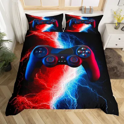 Productafbeelding van Beddengoedset Gaming, 220x240 cm, microvezel, rood/blauw, inclusief 2 kussenslopen van 80x80 cm