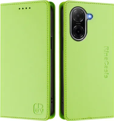 A green flip wallet case for a smartphone, shown from the front and back.