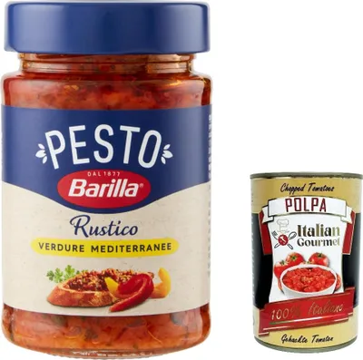 Produktbild von 12x Pesto Rustico Mediterraneo 200g Glutenfreie Italienische Pasta-Sauce mit Zucchini Paprika und Tomaten, vegane/vegetarische Pesto für Brot und Bruschetta 200g + Italian Gourmet polpa 400g