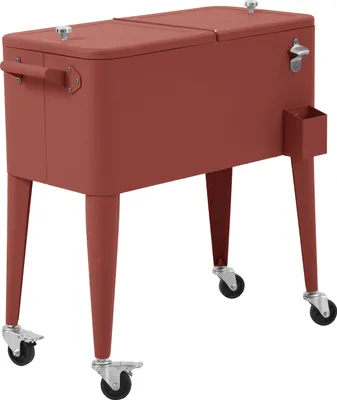 A red cooler box on wheels with a bottle opener and holder.