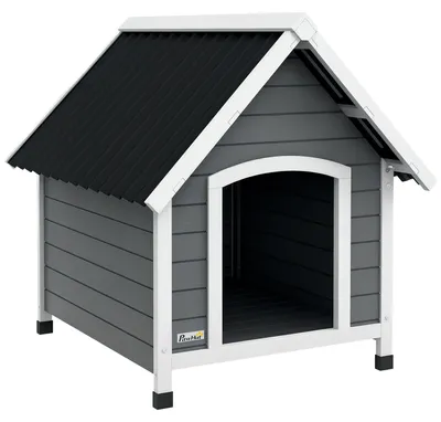 Image de Niche pour chien en bois - Niche pour chiens et petits animaux - Toit en bitume - Résistante aux intempéries, pour l'extérieur - Grise