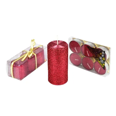 Produktbild von Rotes Glitter Kerzenset mit 1 großer Kerze (9,5x5 cm), 3 Kerzen (3,5x3,8 cm) und 6 Teelichtern