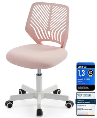 Image de Chaise de bureau ergonomique sans accoudoirs, réglable en hauteur, avec roulettes, dossier confortable, idéale pour le télétravail, le bureau ou les études. - Rose