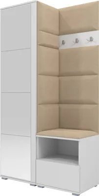 Produktbild von Garderoben-Set Nela I mit Spiegel, Polstergarderobe mit Schuhschrank, Dielenmöbel-Set mit Hochschrank (Farbe: Weiß + Trinity 04 (Beige))