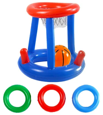 Aufblasbarer blauer und roter Basketballkorb mit einem orangefarbenen Basketball darin und drei bunten aufblasbaren Ringen darunter